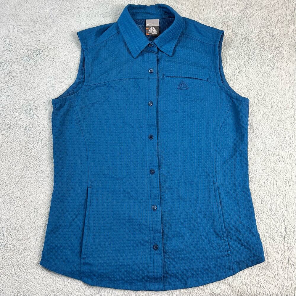 Nike ACG women's Blue button Down Tank top Blouse Shirt size Medium Pockets